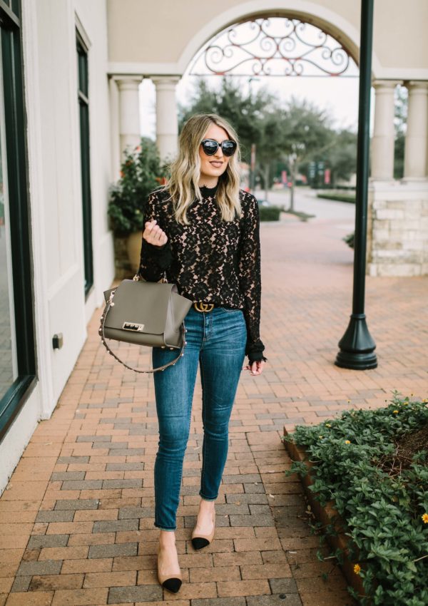 Black Lace Mock Neck Top…