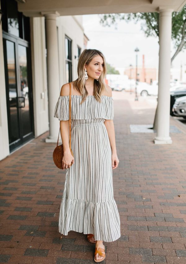 Striped Off the Shoulder Maxi Dress…