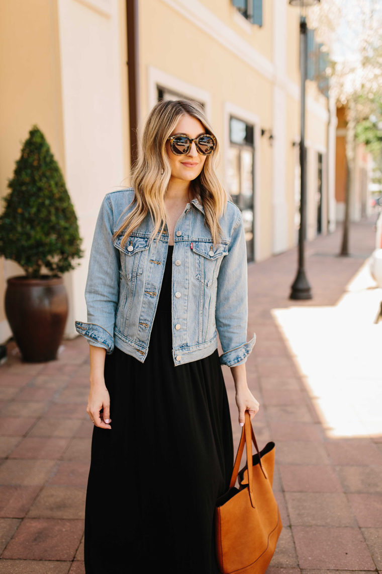how to wear a denim jacket with a maxi dress