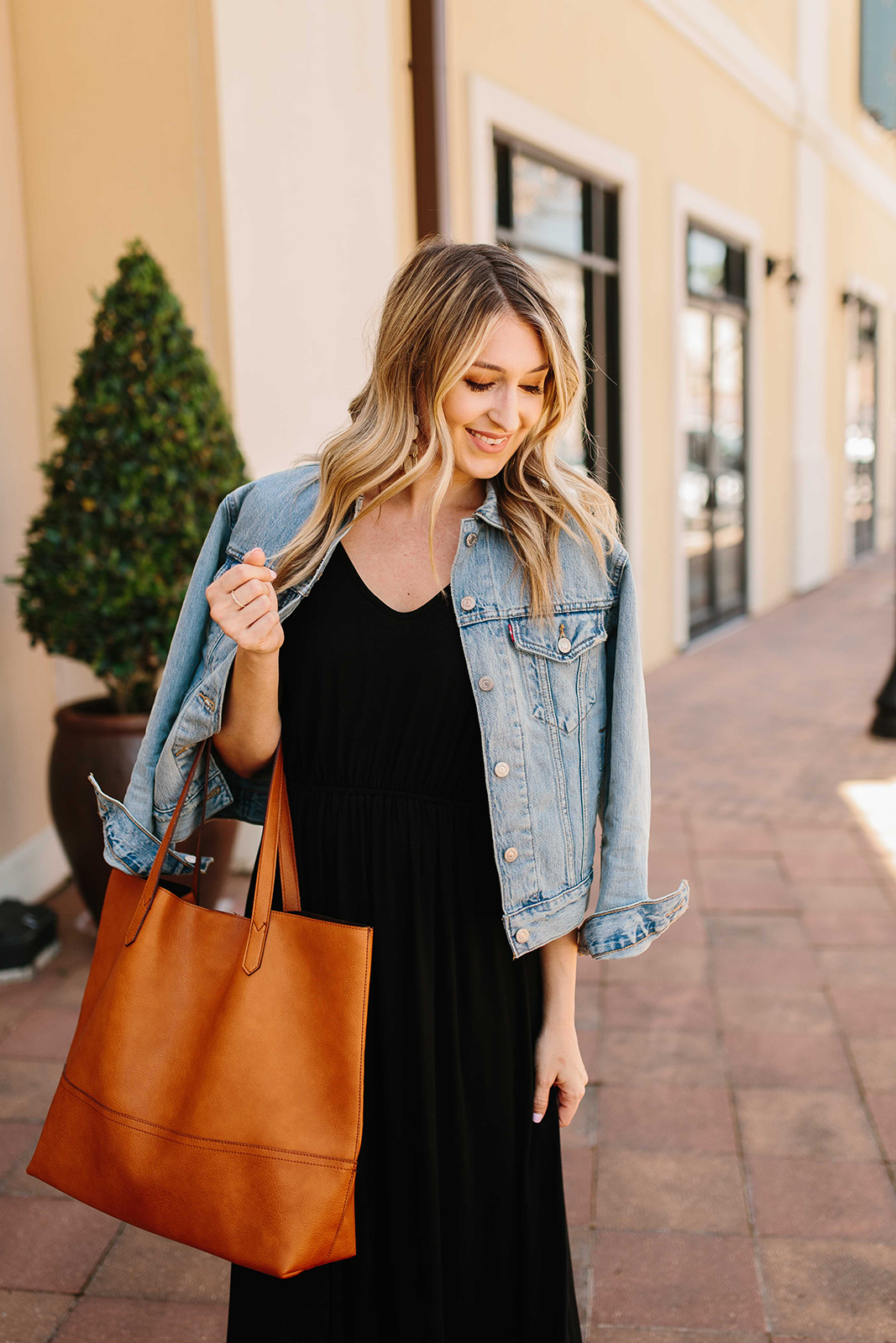 black maxi dress with denim jacket