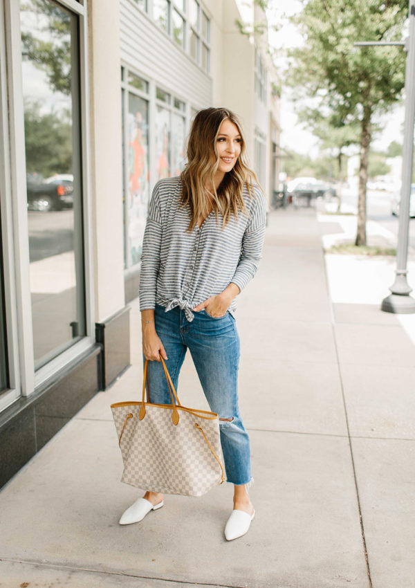 Striped Tie-Front Top + Boyfriend Jeans…