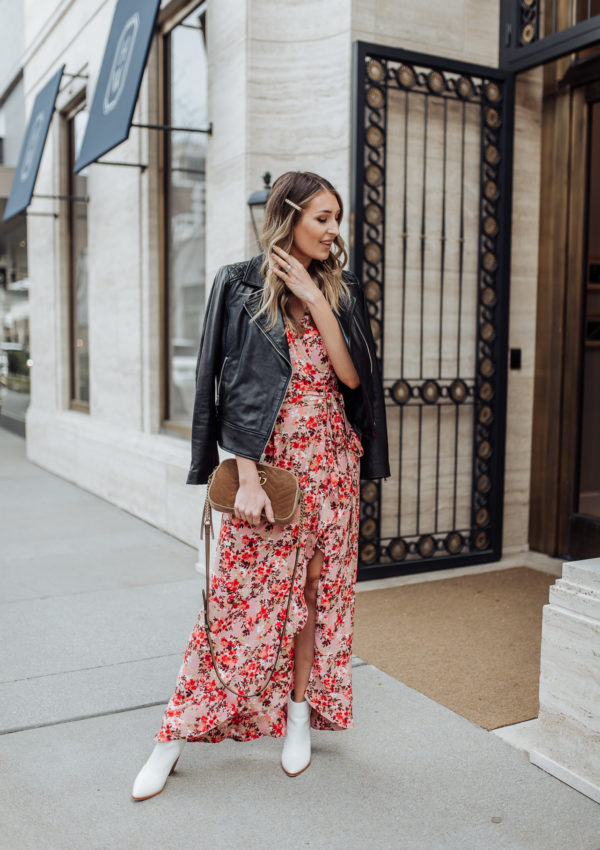 Floral Wrap Dress + Leather Jacket…