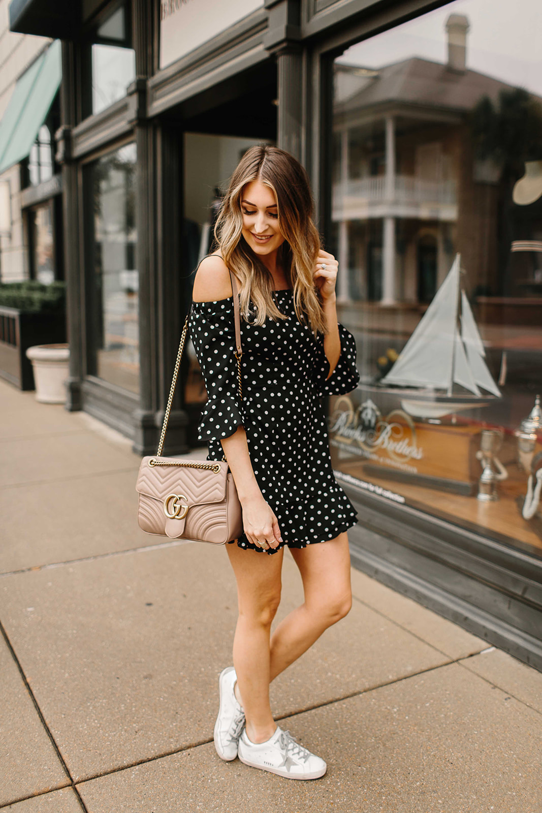 polka dot dress with sneakers