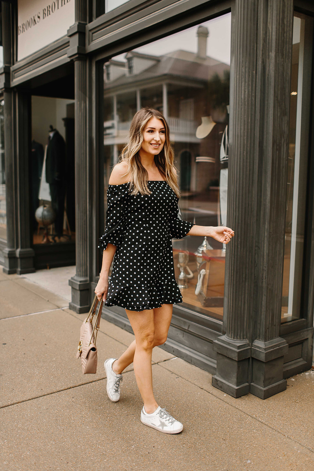 polka dot dress with sneakers