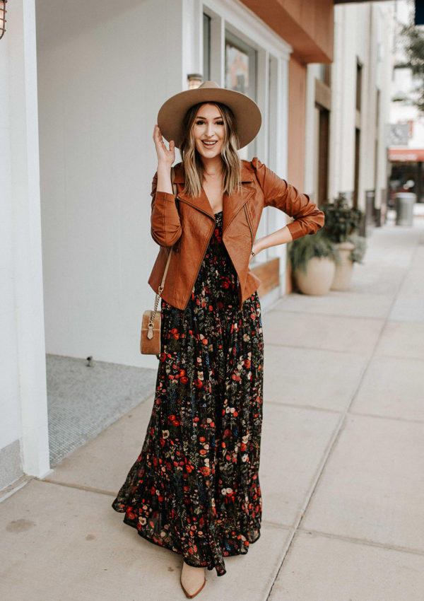 Floral Maxi Dress with Leather Jacket…