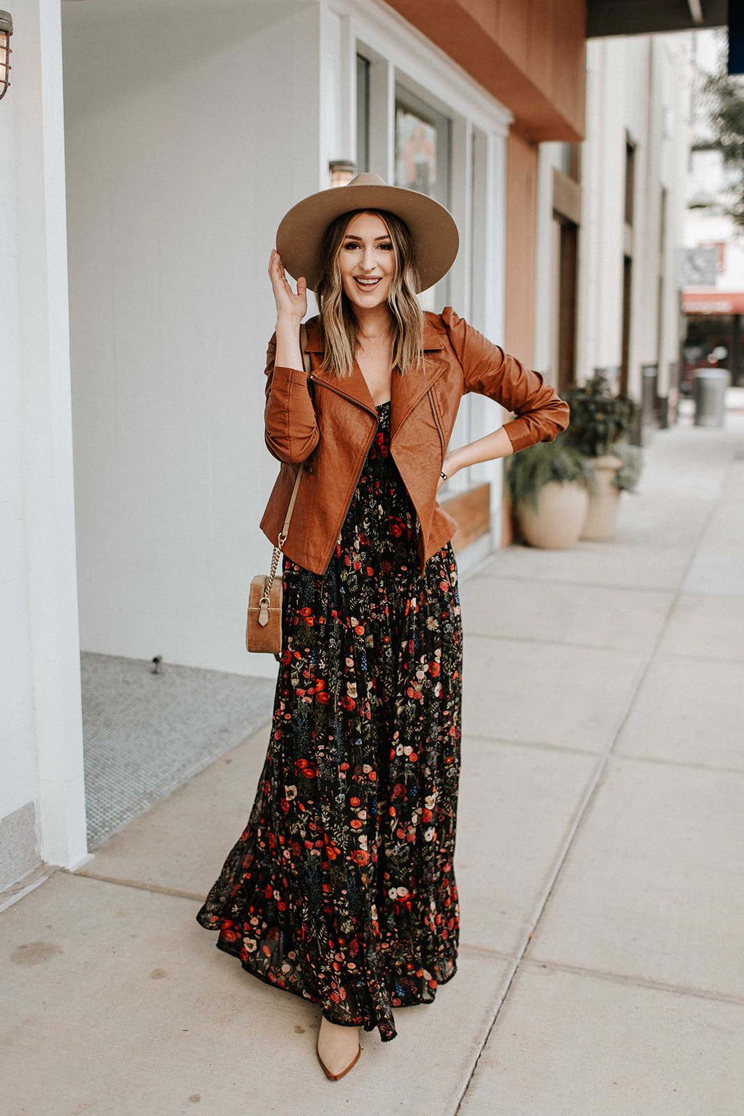 floral maxi dress, leather moto jacket, Chanel sunglasses, gold clutch -  Meagan's Moda