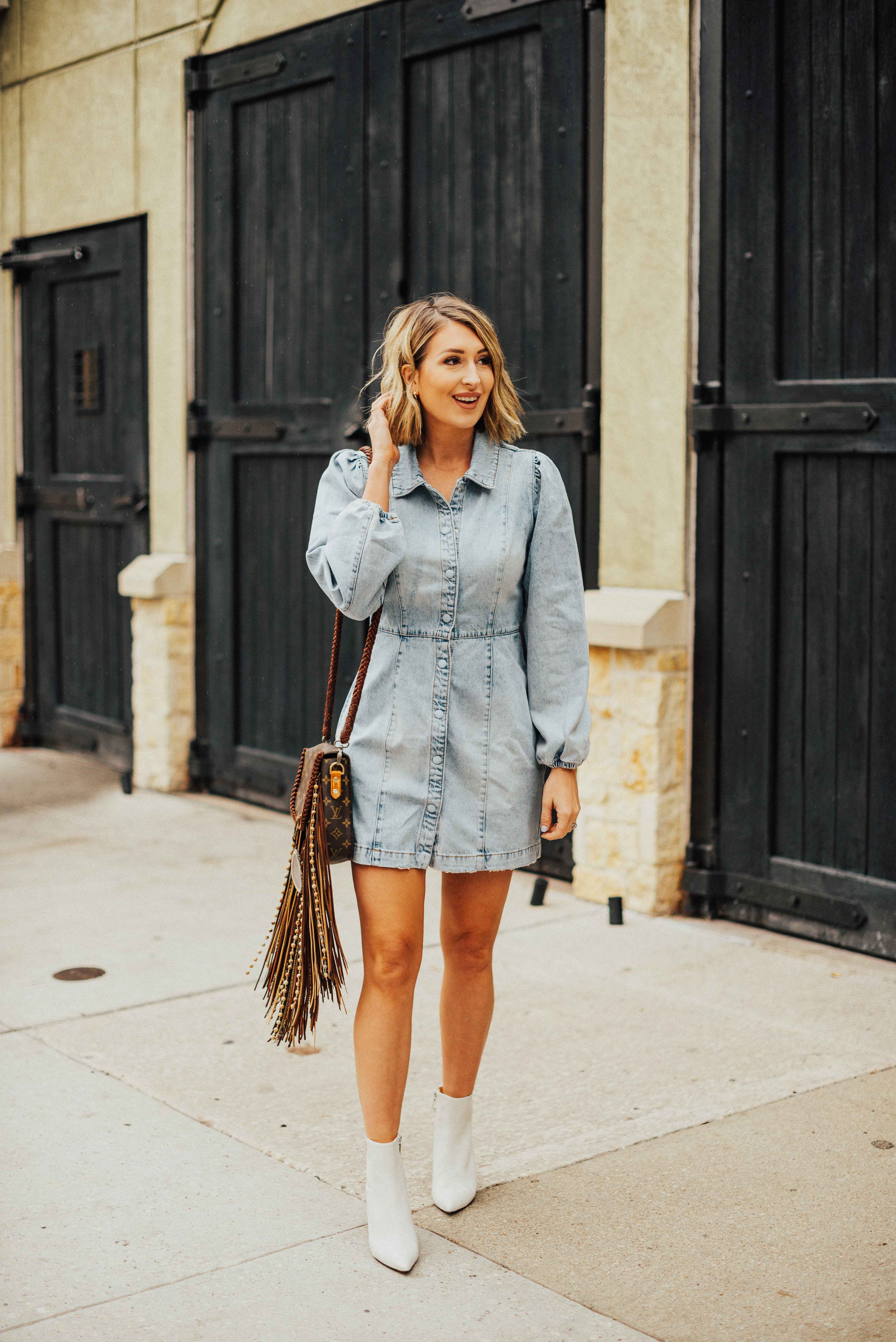 denim and white dress