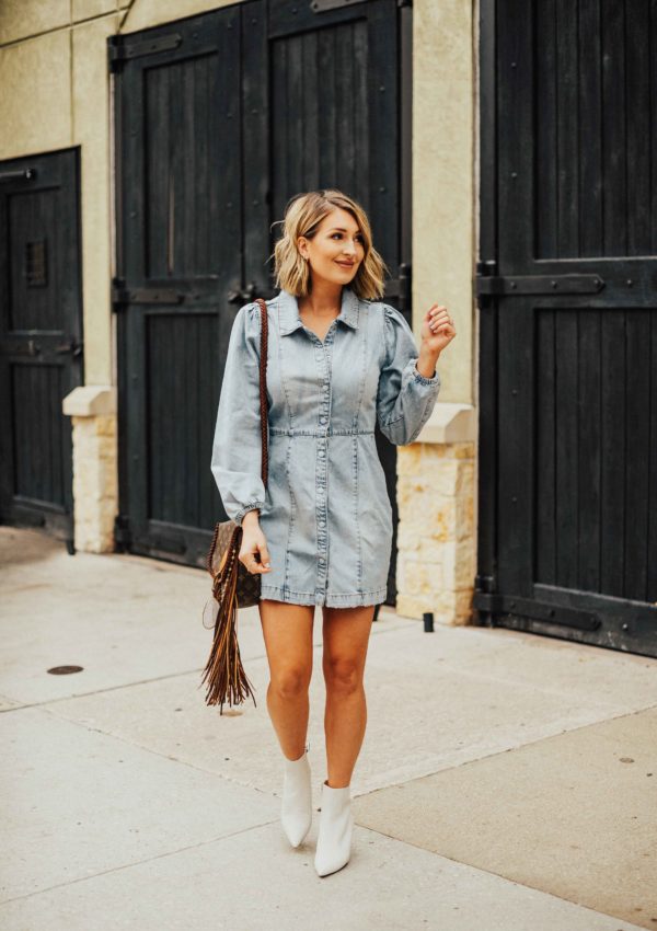 Denim Dress with White Booties…