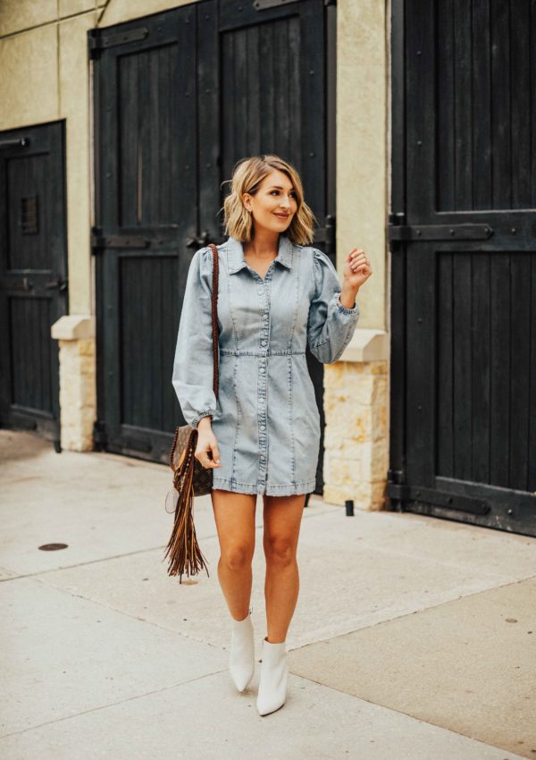 Denim Dress with White Booties…