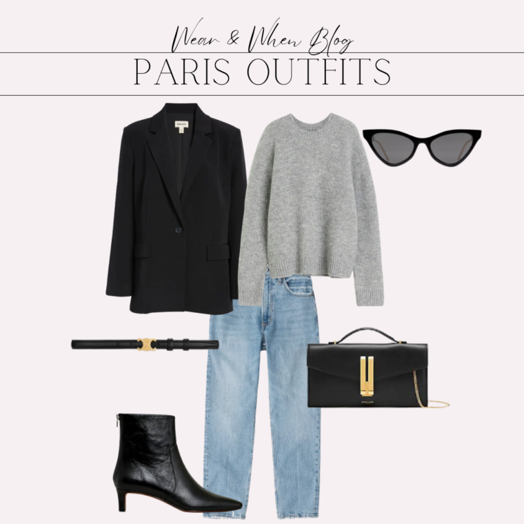 Paris outfit idea, oversized blazer with grey sweater, jeans, celine belt and black boots.