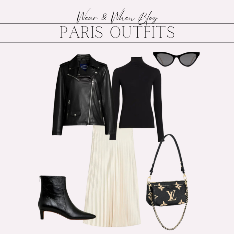 Paris outfit idea, black leather jacket with black turtleneck, ivory pleated midi skirt, and black boots.