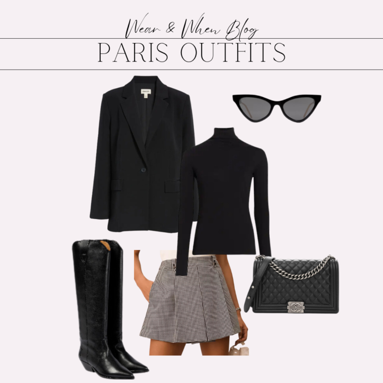 Paris outfit idea, black oversized blazer with black top, houndstooth skirt and tall boots.