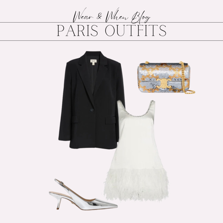 Paris outfit idea, black oversized blazer with white feather trim mini dress, silver heels and sequin celine bag.