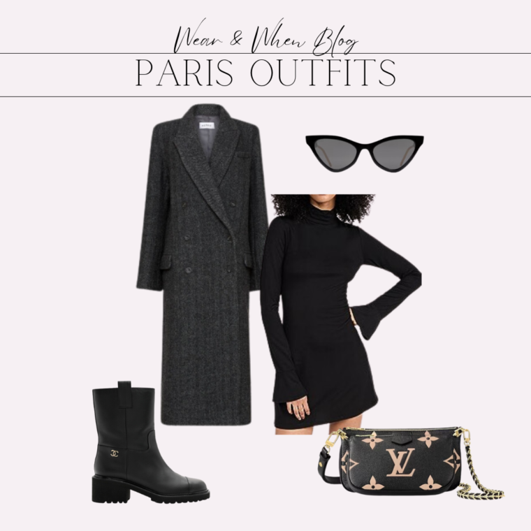 Fall outfit idea for Paris with a long wool overcoat, black mini dress and moto boots.