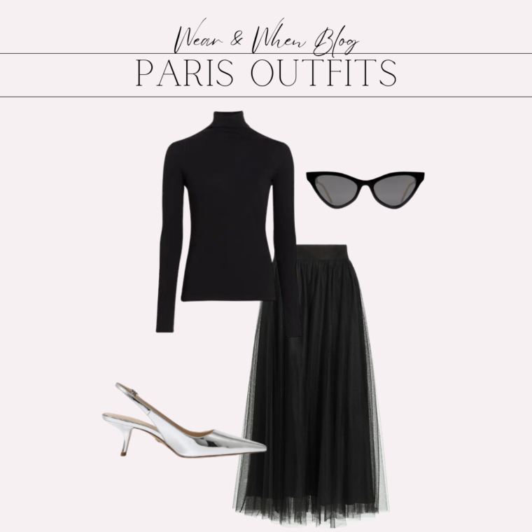 Outfit idea for Eiffel Tower pictures in Paris, black mock neck top, tulle midi skirt, silver heels.