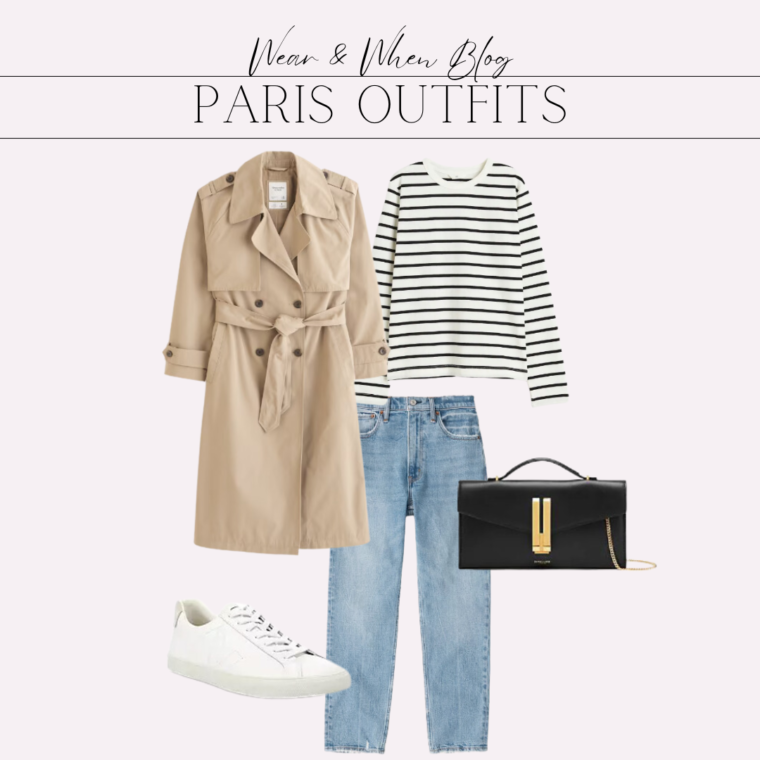 Paris outfit idea, trench coat with striped tee, jeans and sneakers.