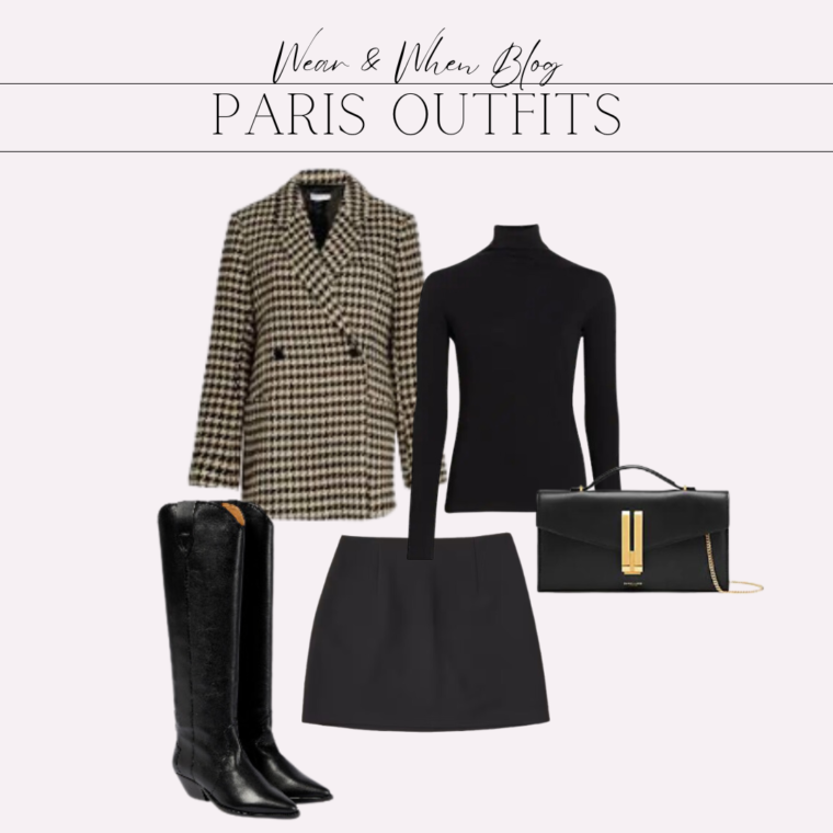 Paris outfit idea, houndstooth blazer with black turtleneck, black skirt and tall boots.
