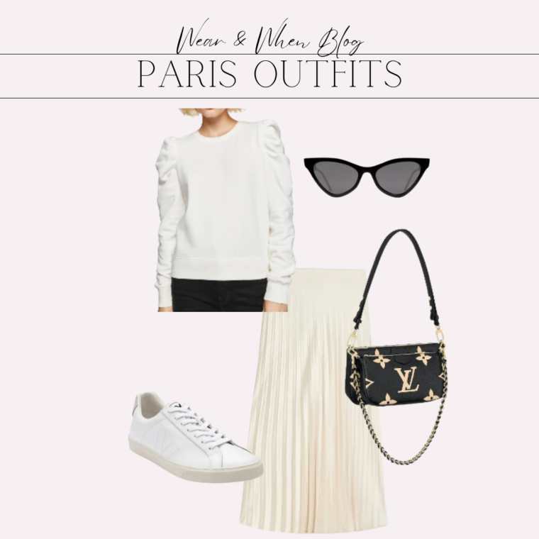 Paris outfit idea, white puff sleeve top with ivory pleated midi skirt and sneakers.