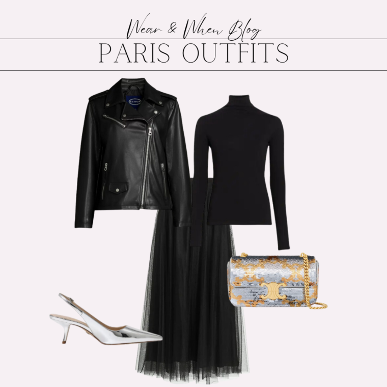Paris outfit idea, black leather jacket with black top and tulle midi skirt with silver heels.