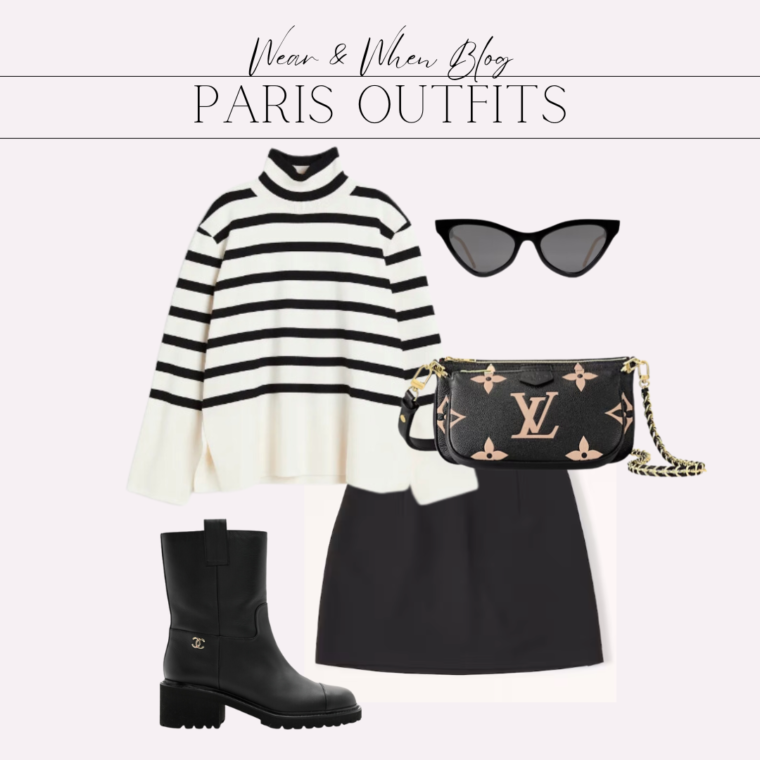 Fall outfit idea for paris, striped sweater, black skirt, moto boots.