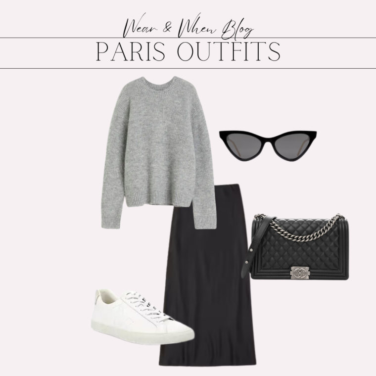 Paris outfit idea, grey sweater with black slip skirt, sneakers, and chanel boy bag.