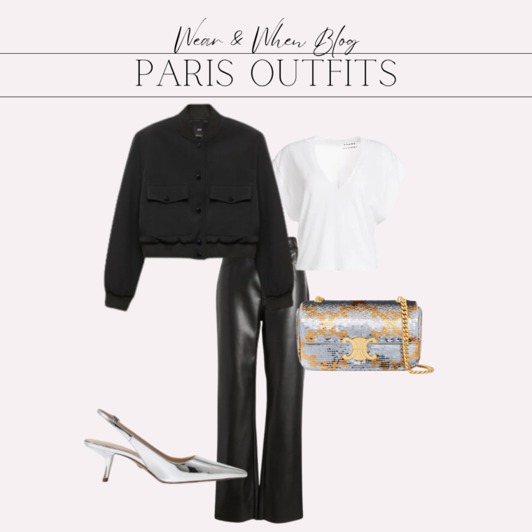 Paris outfit idea, cropped bomber jacket with leather pants, silver heels and sequin celine bag.